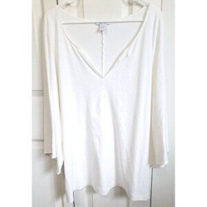 Joan Vass 1X White Long Kimono Style Sleeve V-Neck Cotton Front Seam Top